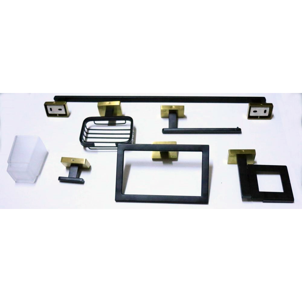 Full Bathroom Accessories 6 Piece Set in Black and Gold in Nairobi, Kenya | Black and Gold Finish Bathroom Accessories | 6 PC Bathroom Set - Tissue Holder, Towel Ring and Rod, Hooks, Tissue and Soap Holder
