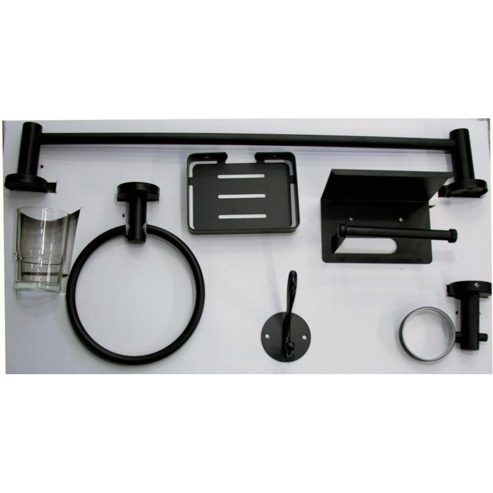 Full Bathroom Accessories 6 Piece Set in Matt Black Finish in Nairobi, Kenya | Black Bathroom Accessories | 6 PC Bathroom Set - Tissue Holder, Towel Ring and Rod, Hooks, Tissue and Soap Holder