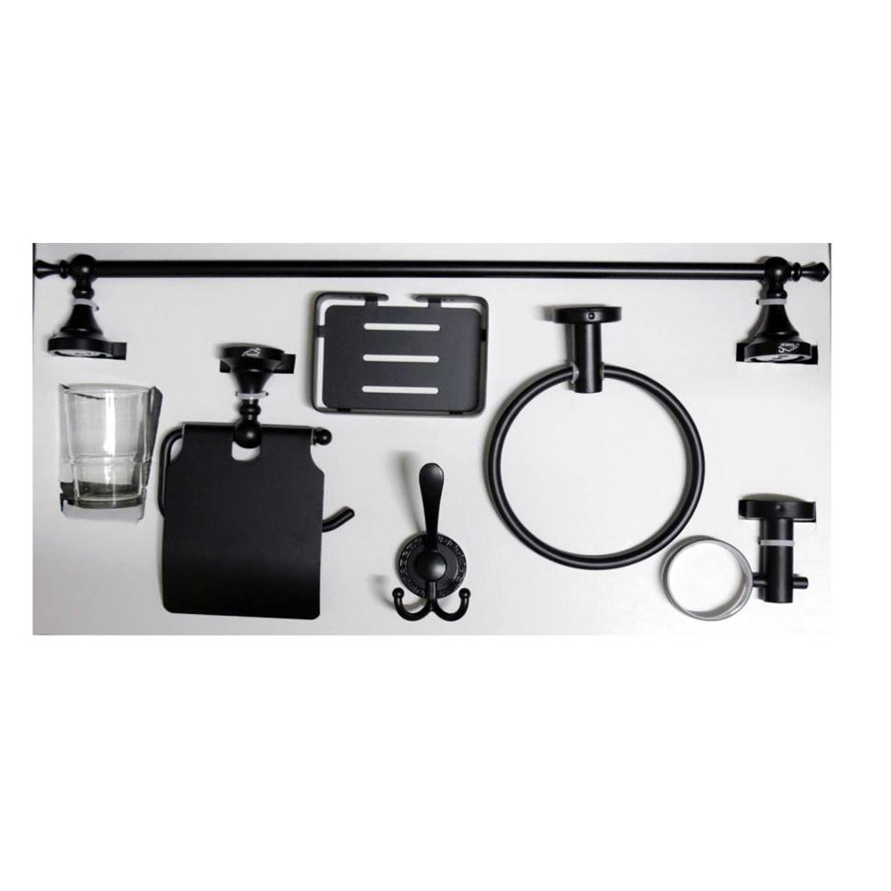 Full Bathroom Accessories 6 Piece Set in Matt Black Finish in Nairobi, Kenya | Black Bathroom Accessories | 6 PC Bathroom Set - Tissue Holder, Towel Ring and Rod, Hooks, Tissue and Soap Holder